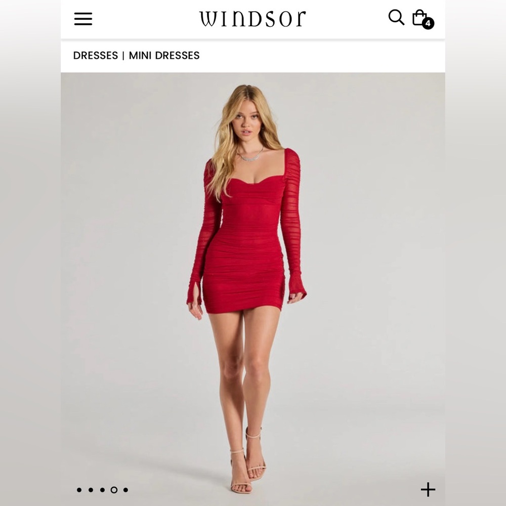 Windsor Red Long Sleeve Ruched Mini Dress